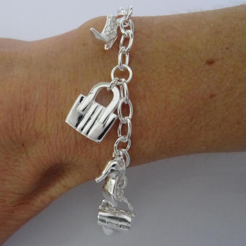 925 Silver Plated Charm Bracelet with Shoe and Bag Charms Gift
